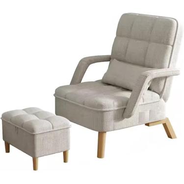 Imagem de Sofá Cadeira De Quarto, Almofada Macia E Otomano, Poltrona Moderna Com Cadeira Reclinável De Travesseiro, Cadeira Lateral Da Sala De Estar Com Assento E Pernas De Madeira, Cadei, White