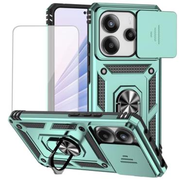 Imagem de Yodueiv Capa para Xiaomi Redmi Note 14 4G com protetor de tela de vidro temperado e capa de câmera deslizante, anel magnético suporte suporte de carro capa protetora para Xiaomi Redmi Note 14 4G verde