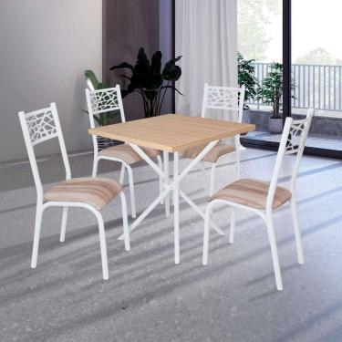 Imagem de Mesa De Jantar Quadrada Com 4 Cadeiras Em Aço Branco Carvalho Com Estofado Capuccino Fione