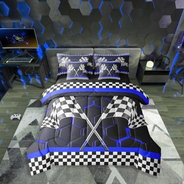 Imagem de Erosebridal Jogo de cama completo de 7 peças de carro de corrida para meninos, conjunto de edredom com estampa de favo de mel azul royal, geométrico, luzes neon, hexagonais, preto e branco, preto e