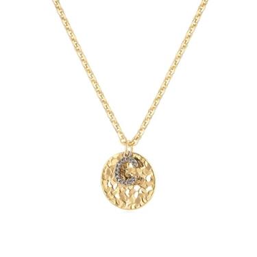 Imagem de MYEARS Colar com inicial para mulheres, dourado, redondo, martelado, moeda de gelo triturado, pingente de disco com zircônia cúbica, pingente de letra prata 14K, simples, delicada, corrente grossa