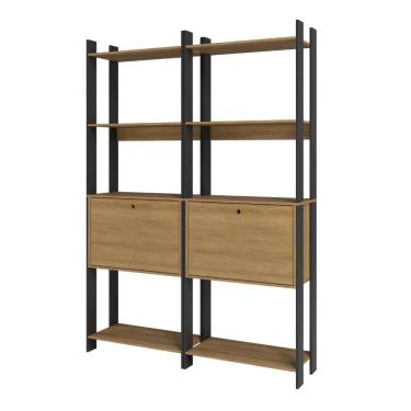 Imagem de Kit 2 Estantes para Livros 2 Portas 10 Prateleiras Estilo Industrial Marrom/Preto - BRV Móveis