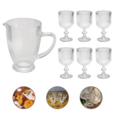 Imagem de Conjunto Jarra Luxo 1L e 6 Taças de Vidro 240ml Transparente Água Suco