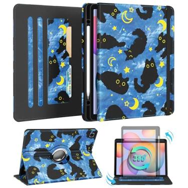 Imagem de Kidcube Capa para Samsung Galaxy Tab S6 Lite de 10,4 polegadas 2024/2022/2020 - capa fólio feminina com suporte giratório e compartimento para cartão com design feminino gato estrelas azuis