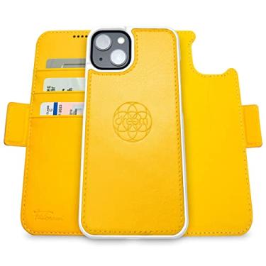 Imagem de Capa Carteira Dreem Fibonacci p/iPhone 14 & iPhone 16e, 2-em-1, case antichoque, couro vegano, capa removível, compatível com acessórios MagSafe. Proteção RFID. Design para homens e mulheres-Amarelo