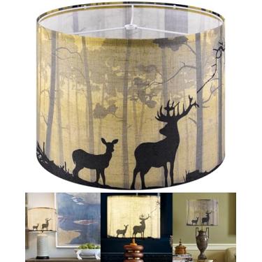 Imagem de GOSO Candeeiro amarelo padrão animal tambor médio - estampa de linho natural sika veado abajur para candeeiros de mesa - 33 cm superior x 33 pol. inferior x 25 cm altura (aranha) sombra DIY rústica
