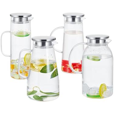 Imagem de Didaey 4 jarras de vidro de 1,5/1,8/2 litros com tampa e bico, garrafa de água de vidro resistente ao calor com alça para bebidas quentes/frias, grande jarro de suco para suco, café, chá gelado, 1,445