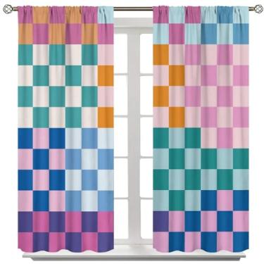 Imagem de Cortinas quadriculadas retrô multicoloridas para quarto, tratamentos coloridos de janela arco-íris brilhante moderna simples estética fazenda cortinas country para meninas adolescentes sala de estar