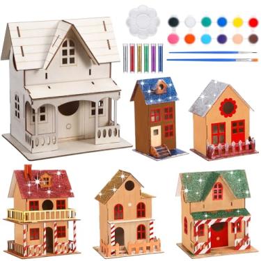 Imagem de Gilprop Kit de casa de madeira de Natal de 5 peças com tinta escovada, vila de Natal de madeira inacabada para pintar mini casas para artesanato, conjuntos de casa de madeira inacabados para mesa de
