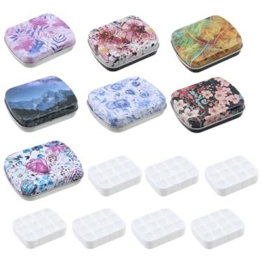Imagem de Mewutal 7 peças mini caixa de lata com paleta de aquarela vazia de 12 poços, pequeno recipiente de paleta de tinta, bandeja de pintura portátil, recipiente de armazenamento de tinta para viagem ao ar