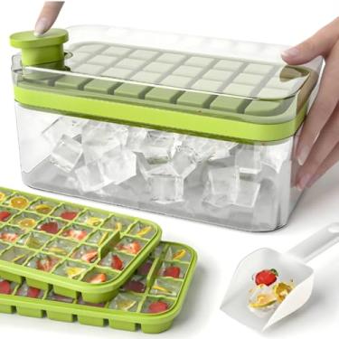Imagem de Forma de Gelo 64 Cubos Camada Dupla com Tampa, Bandeja, Recipiente e Colher Inclusa – 2 Formas Empilháveis, Fácil Liberação, Livre de BPA, Verde, Ideal para Freezer, Coquetéis, Drinks, Café