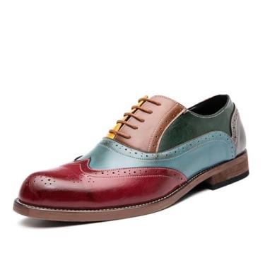 Imagem de Sapato social masculino em dois tons de couro com cadarço Brogue Oxford clássico com ponta de asa mocassim de cano baixo para festa formal de negócios Derby, Vermelho, 40