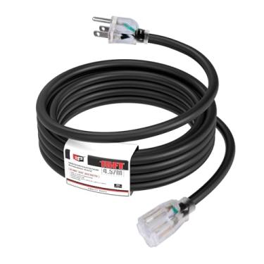 Imagem de EP Cabo de extensão externo iluminado 14/3 de 4,6 m - Cabo de extensão preto resistente SJTW de 3 pinos com plugue aterrado de 3 pinos para segurança, ótimo para jardim e grandes eletrodomésticos