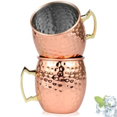 Imagem de 2 peças Moscow Mule Canecas de 473 ml Copos de Grande Capacidade com Alça Feitos à Mão Moscou Mule Copos de Aço Inoxidável 304 Copo Martelado Ouro Rosa para Coquetel Cerveja Bar Festa