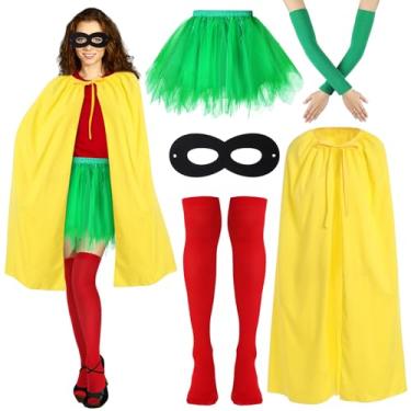 Imagem de JenPen 5 Pcs Comics Green Yellow Red Costume Set for Adult Capes Masks Socks Gloves, Socks, Short Skirts for Halloween, Christmas, Cosplay, and Parties