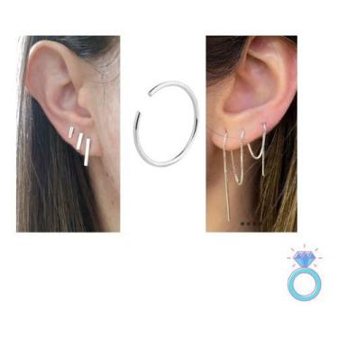 Imagem de Kit Brincos Trio Brinco Corrente E Piercing Argolinha Prata - Isa Ronc