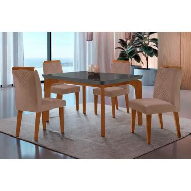 Imagem de Conjunto: Mesa Sala Jantar Londrina c/ Tampo Madeirado c/ Vidro Canto Curvo 120x80cm e 4 cadeiras Amsterdã Imbuia/Grafite - Suede Capuccino - Rufato