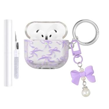 Imagem de AIIEKZ Capa compatível com AirPods 4 2024, TPU macio com estampa floral fofa para AirPods 4ª geração, capa com chaveiro de flores e kit de limpeza para meninas e mulheres (laço roxo)