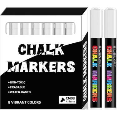 Imagem de SILENART Marcadores de giz – Pacote com 8 vibrantes – canetas brancas apagáveis a seco – Marcadores de giz líquido para quadro negro quadro de giz vidro vidro acrílico – marcador de giz apagável