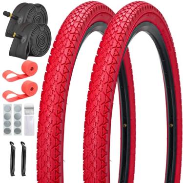 Imagem de SIMEIQI Pacote com 2 pneus e tubos de bicicleta Beach Cuiser de 66/60 x 6,125 cm, vermelho ou azul com tiras de aro e adesivos sem cola (vermelho, 24 x 2,125)