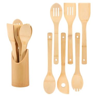 Imagem de Conjunto de 7 utensílios de cozinha com organizador de bambu para bancada de cozinha, conjunto de utensílios de cozinha criativos, ferramenta prática de cozinha para panelas e frigideiras