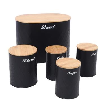 Imagem de Mingzhe Latilheira de Caixa de Pão de Ferro Preto Conjunto para a Bancada de Cozinha Biscoit Biscoit Tea Coffee Açúcar Tampas de Madeira