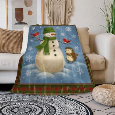 Imagem de Cobertor de boneco de neve de Natal – Cobertor de lã fofo de Natal com ouriço, cardeais e borda xadrez – Manta de inverno macia e aconchegante para sofá, cama e sofá – presente de Natal para mulheres