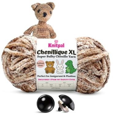 Imagem de Fio de chenille Chenillique XL super volumoso – novelo de 100 g (80 jardas) + olhos seguros – fio de poliéster de pelúcia para amigurumi, pelúcia, crochê e tricô - pó de cacau