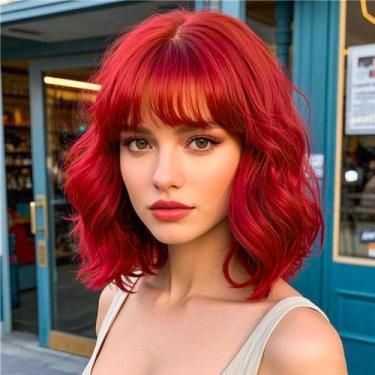 Imagem de Peruca AGO 14" Short Wavy Curly Bob Vermelha Escura Sintética