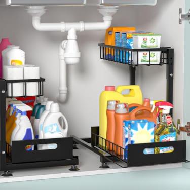 Imagem de Pacote com 2 organizadores Pro embaixo da pia: Organizador de cesta de arame removível de 2 camadas de metal premium, altura ajustável em forma de L, fácil instalação | Organizadores de armários de