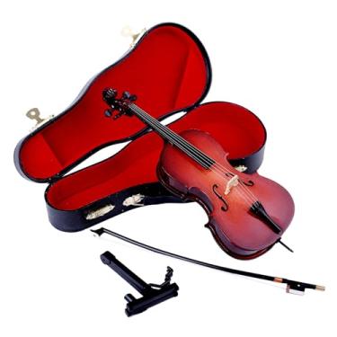 Imagem de Dselvgvu Miniatura de madeira para violoncelo com suporte, arco e estojo, mini instrumento musical, réplica de violoncelo, estatuetas colecionáveis, acessórios para casa de bonecas, modelo, decoração