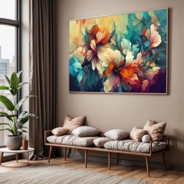 Imagem de Quadro com Moldura Sala Quarto Abstrato Floral Colorido Decorativo Horizontal Grande Hall