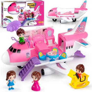 Imagem de Brinquedo de avião XDUOYJOY rosa com bonecas, móveis de 3 anos ou mais