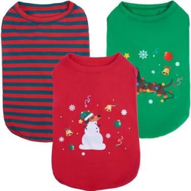 Imagem de Pacote com 3 camisetas de cachorro com estampa de boneco de neve de Natal, colete leve sem mangas, roupas de inverno para filhotes de cachorro para uso interno, macio e respirável para pele sensível
