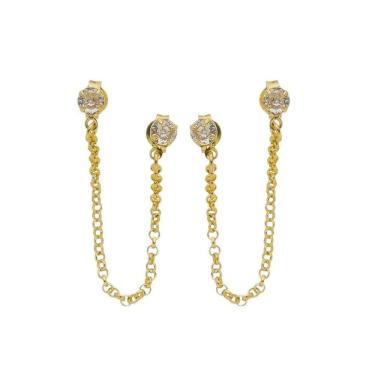 Imagem de Brinco Ponto De Luz Duplo Com Corrente Banhado A Ouro 18K