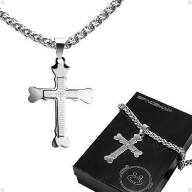 Imagem de cordão corrente prata aço inox pingente crucifixo pai nosso caixa corr