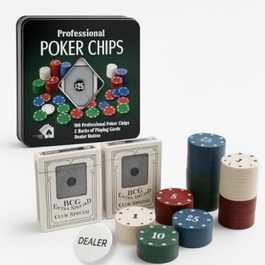 Imagem de 100 Fichas de Poker Com 2 Baralho de Cartas 1 Dealer e 1 Bandeja de Metal Jogos Poquer Profissional