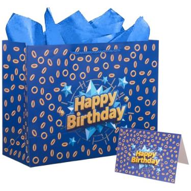 Imagem de Happy Saco de presente temático com estampa de anel de ouro de 33 cm azul com cartão e papel de seda para suprimentos de aniversário de estrela de anel dourado azul