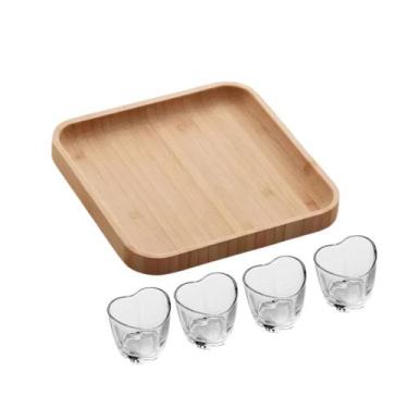 Imagem de Kit 4 Copos de Dose Shot Coração e Bandeja de Bambu Petisqueira Frios 