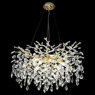 Imagem de lustre de lâmpada 60cm lustre de cristal dourado moderno iluminação de galho de árvore luminária de teto de gota de chuva de luxo para teto alto sala de jantar hall sala de estar lustre pend