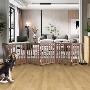 Imagem de SFJC Portão interno para cães, cerca independente para casa, portas, corredores ou escadas, portão para animais de estimação dobrável de madeira, expansível 61 cm de altura, 6 painéis, marrom
