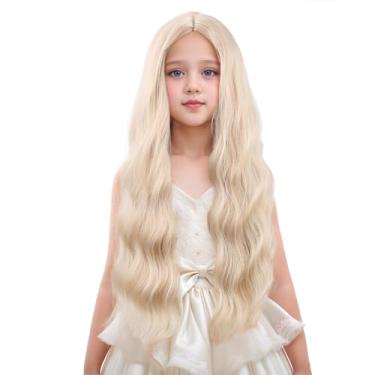 Imagem de Edivd Peruca infantil loira mista para meninas, loira clara, ondulada, cacheada, peruca infantil, parte média, resistente ao calor, perucas sintéticas com touca