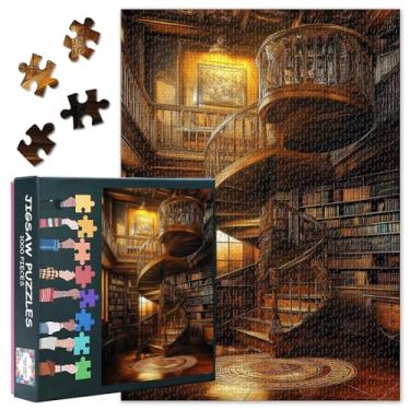 Imagem de Jigsaw Puzzle 1000 Pieces for Adults Vintage Library with Spiral Staircase Filled Bookshelves Antique Clock and Painting Warm Golden Light Cozy Reading Room Decor 27.5x19.7 Inch