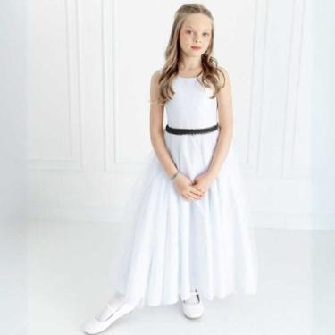 Imagem de Vestido Infantil Longo Branco com Tule e Cinto Preto Daminha Casamento