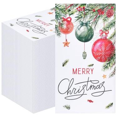 Imagem de Pacote com 100 guardanapos de papel de Natal – 33 x 40 cm desdobrados, guardanapos de férias descartáveis com ornamentos e pinheiro para jantar de Natal, festas de inverno e decorações de mesa