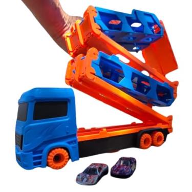 Imagem de Caminhão Cegonha Infantil com Pista de 164cm, Azul e Laranja, 2 Carrinhos Inclusos, Brinquedo Transportador de Carros