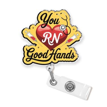 Imagem de Carretel de crachá RN You Good Hands 5 cm Enfermeira Enfermeira CNA RN NICU Flebotomia Estudante de Enfermagem Pediátrica Farmácia Médica Tecnologia Cirúrgica Retrátil com Clipe de Jacaré Suporte para