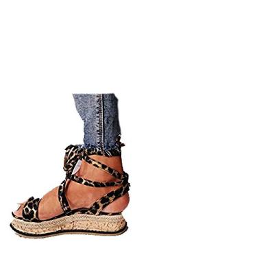 Imagem de Bigfanshu Sandálias femininas verão cobra cunha sapato estampa étnica moda casual cadarço praia senhoras plus size, Leopardo, 8.5