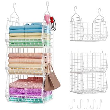 Imagem de X-cosrack Organizador de armário dobrável de 3 níveis, prateleiras de roupas com 5 ganchos S, suporte de parede e cesto de armazenamento de arame, para roupas, suéteres, sapatos, bolsas de mão, acessórios, patente branca pendente