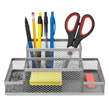 Imagem de Porta Caneta Organizador de Mesa Metal Aramado Escritório Compartimentos Divisões Telado Caneta Lápis Porta Papel Clips Estojo Multiuso Home Office Vertical (Cinza, 4 Compartimentos)